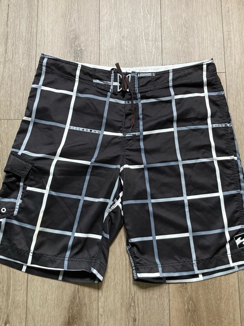 Billabong Men’s Black Swim Shorts with White and Gray Windowpane